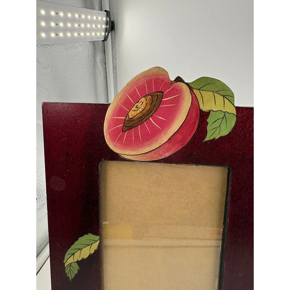 Vtg 1990s Tole Painted Cherry Wood Picture Frame Set 2 Peach Fruit Cottagecore